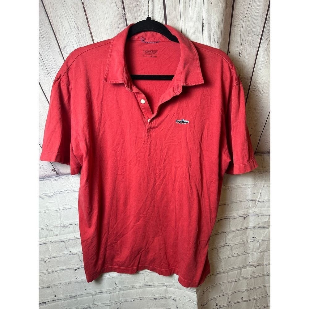 Patagonia Mens Large Red Trout Logo Short Sleeve Cotton Blend Polo Shirt